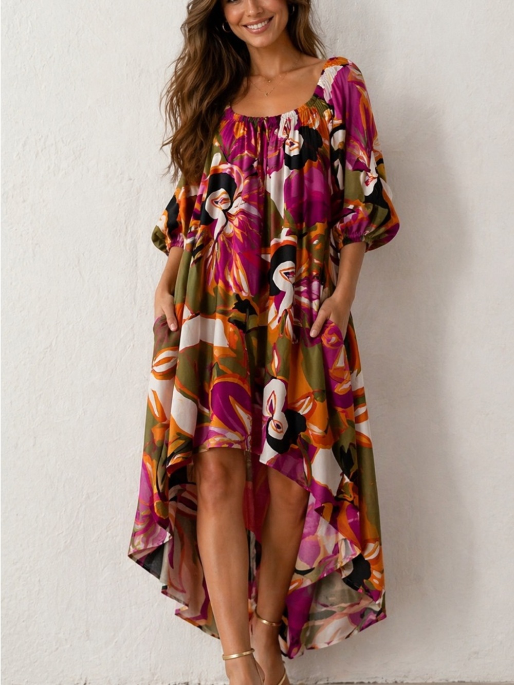 MSK Magenta, Olive & Orange Floral High-Low Dress, Size XL